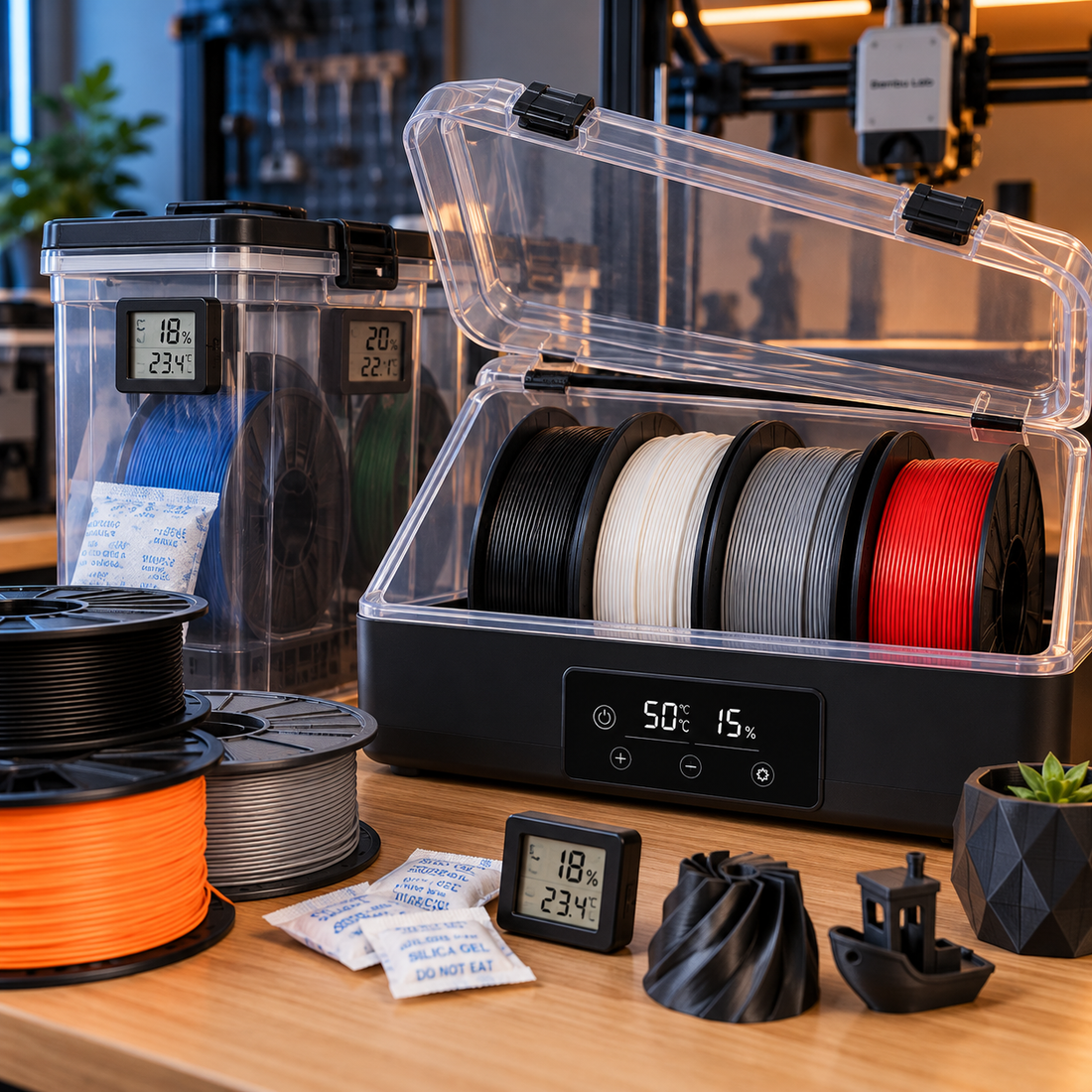 Role de filament depozitate în cutii etanșe cu silicagel și uscător de filament